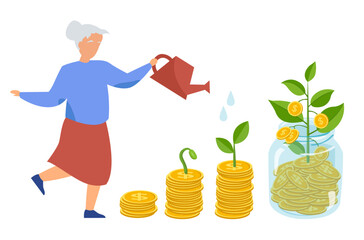 aging society, happy granny watering plants growing from coin stacks