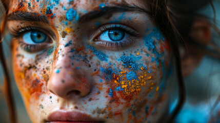 Canvas Print - Close-up of a woman's face with colorful paint splatters.