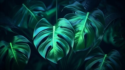 Canvas Print - big tropical monsterra deliciosa leaves. (generative ai).