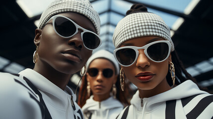 Wall Mural - Low angle shot - African American young people - white outfits - white sunglasses 