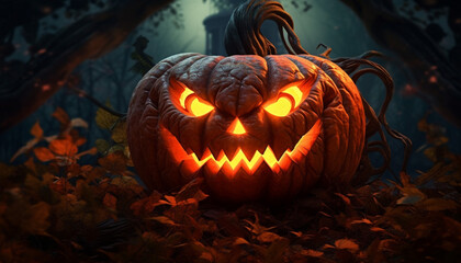 Sticker - Spooky pumpkin glowing in the dark, Halloween night celebration generated by AI