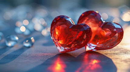 Two red glass hearts on a blue background with bokeh effect