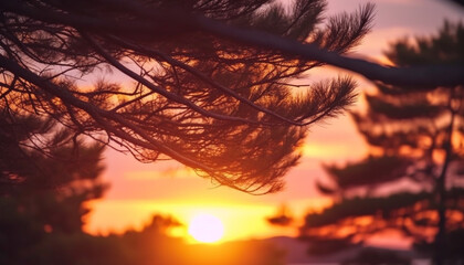 Poster - Silhouette of tree against bright sunset, reflecting on tranquil water generated by AI