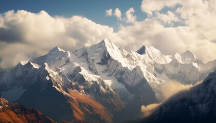 Wall Mural - Majestic mountain peak, snow capped, panoramic landscape, tranquil scene, extreme terrain generated by AI