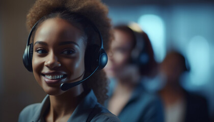 Sticker - Smiling young women in headset, providing cheerful customer support indoors generated by AI