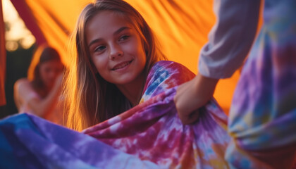 Sticker - Two cheerful girls enjoying a carefree summer camping with their family generated by AI