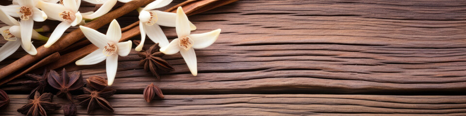 Wall Mural - Flying vanilla sticks and orchid flowers on beige background.