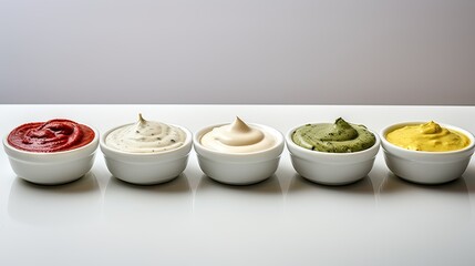 Wall Mural - a line of condiments in small white bowls 