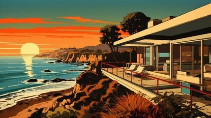 Wall Mural - mid century modern Pismo Beach views, blend of comic book 