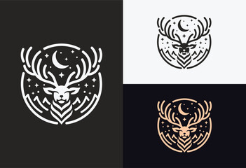 Sticker - Deer logo design illustration and logotype with circles and stars in line style