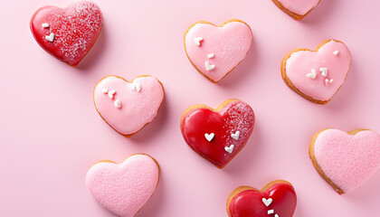 Wall Mural - Heart shaped dessert, pink candy, sweet cookie celebration generated by AI