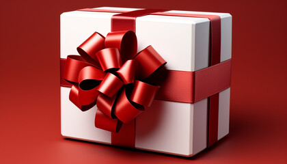 Poster - Shiny gift box wrapped in red wrapping paper generated by AI