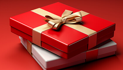 Poster - Birthday gift box wrapped in shiny red paper generated by AI