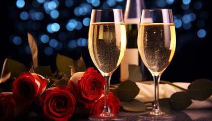 Wall Mural - Romantic celebration, champagne flute, love, wedding night generated by AI