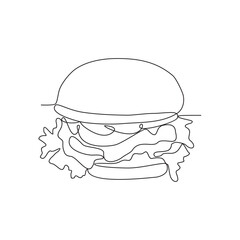 Wall Mural - One continuous line drawing of burger on the table in the restaurant vector illustration. Vector design with Minimalist black linear concept. Food themes design for your business asset design.