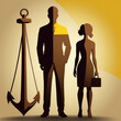 Inequality Symbol - An expressionist silhouette rendering of a larger male figure as an anchor and a smaller female figure reporting, in yellow and brown Gen AI