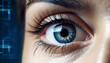 Blue eyed woman staring, close up, beauty in her eyes generated by AI
