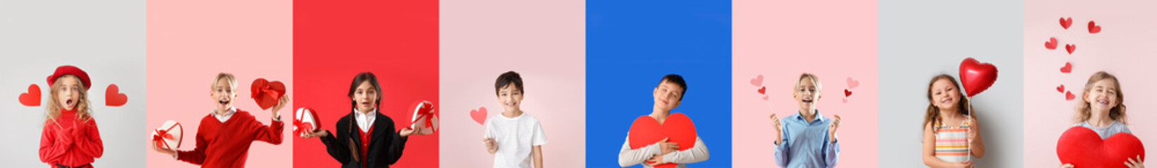 Poster - Set of little children with hearts on color background