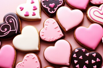 Wall Mural - Pattern of homemade valentine cookies on pastel pink background. Gingerbread hearts for Valentine's day. Sugar glazed cookies. Present for holiday, birthday, woman's day