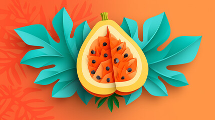 Wall Mural - cartoon papaya fruit in modern geometric on orange background 3d paper cut