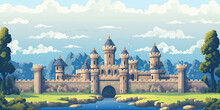 Castle Background Video Game Style Illustration Castles Towers 8-bit, Vintage Computer Graphics, Generated Ai	