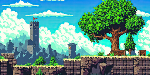 Wall Mural - Video game style scrolling platform background backdrop illustration nature outdoors 8-bit, retro, vintage graphics, generated ai