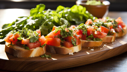 Wall Mural - Freshness on plate  gourmet salad, toasted ciabatta generated by AI