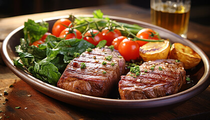 Poster - Grilled steak on wood plate, fresh and gourmet generated by AI