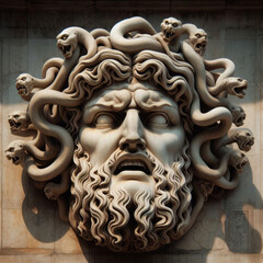 The Classic Depiction Of The Head Of The Gorgon Medusa From Ancient Mythology. A Gloomy Awesome Look Horror Fright. 