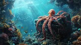 Fototapeta Do akwarium - Octopus Guardian of Sunken Treasures in a Coral Reef