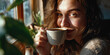 © 361 Portrait Studio - Beautiful Happy young woman drinking a cup of coffee sitting in cafe