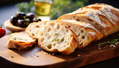 Sticker - Freshly baked ciabatta bread on wooden cutting board generated by AI