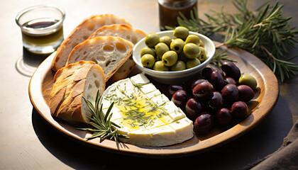 Wall Mural - Gourmet bread, snack, freshness, olive, wood, table, wine generated by AI