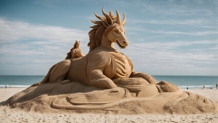 Wall Mural - An elaborate sand sculpture of a mythical creature on a sunny beach Generative AI