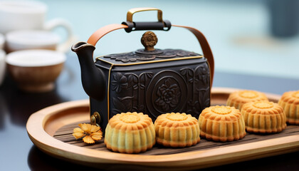 Sticker - Wooden teapot on table, filled with hot tea generated by AI