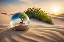 A Glass Ball With A Tree Inside On The Sand Of The Dune