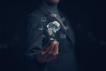 Poster - Glowing light bulb in hand, idea search concept Creativity from information trade in the internet world,education , business ideas and target groups.