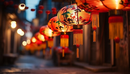 Wall Mural - Chinese lanterns illuminate the night, celebrating traditional festivals outdoors generated by AI