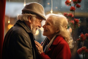 Wall Mural - Elderly couple sharing loving moment in festive decor. Warmth of affection during holiday season.