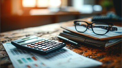 Aufkleber - a stack of financial reports and charts on a wooden desk with a calculator, pen and glasses. generat