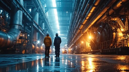 Aufkleber - Two Heavy Industry Engineers working in Pipe Manufacturing Factory, Construction of Oil, Gas and Fuels. Generative AI.