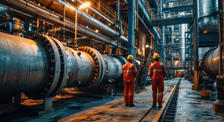 Workers inspecting and maintaining the various components of an industrial pipeline in a large factory. Generative AI.