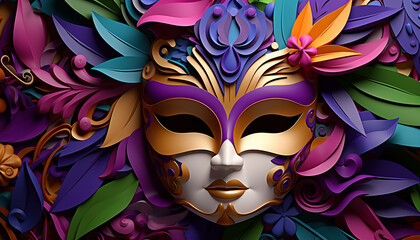 Sticker - Purple costume, mask, celebration, feather, cartoon, ornate, elegance, glamour generated by AI