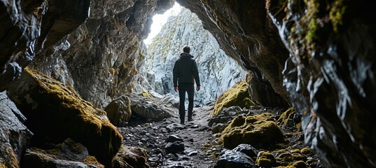 Wall Mural - Adult trekking shot from cave. Generative AI technology.