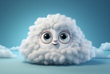 Curious Cloud With Big Cartoon Eyes, On An Isolated Baby Blue Background, Generative AI