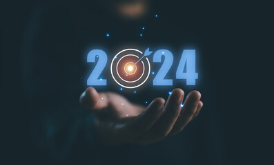 Poster - Start up business, Business target and goals trends 2024. Analytical businessperson planning business growth 2024, strategy digital marketing, profit income, economy, technical analysis strategy.