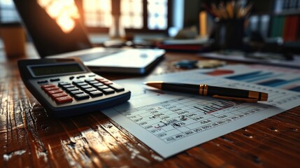 Poster - Finance, Trading chart on paper with pen and calculator on wood desk. Generative AI.