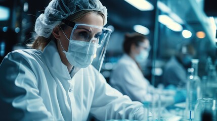 Aufkleber - A scientist in a lab analyzing samples with a disposable face mask, Analytical, Sterile environment. Generative AI.