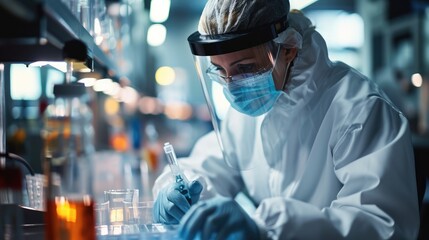 Aufkleber - A scientist in a lab analyzing samples with a disposable face mask, Analytical, Sterile environment. Generative AI.