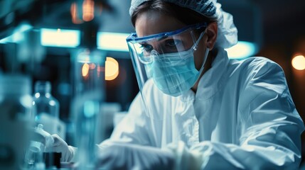 Aufkleber - A scientist in a lab analyzing samples with a disposable face mask, Analytical, Sterile environment. Generative AI.